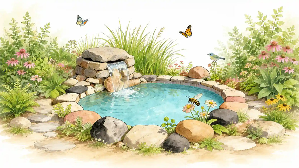 Buried rock waterfall koi pond surrounded by lush garden plants