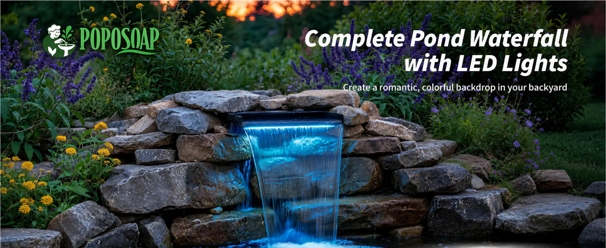 All-in-one LED-beleuchtetes Teich-Kleinwasserfall-Set, lebendige Farbbeleuchtung schafft eine verträumte romantische Nachtlandschaft für natürliche Felsengärten.