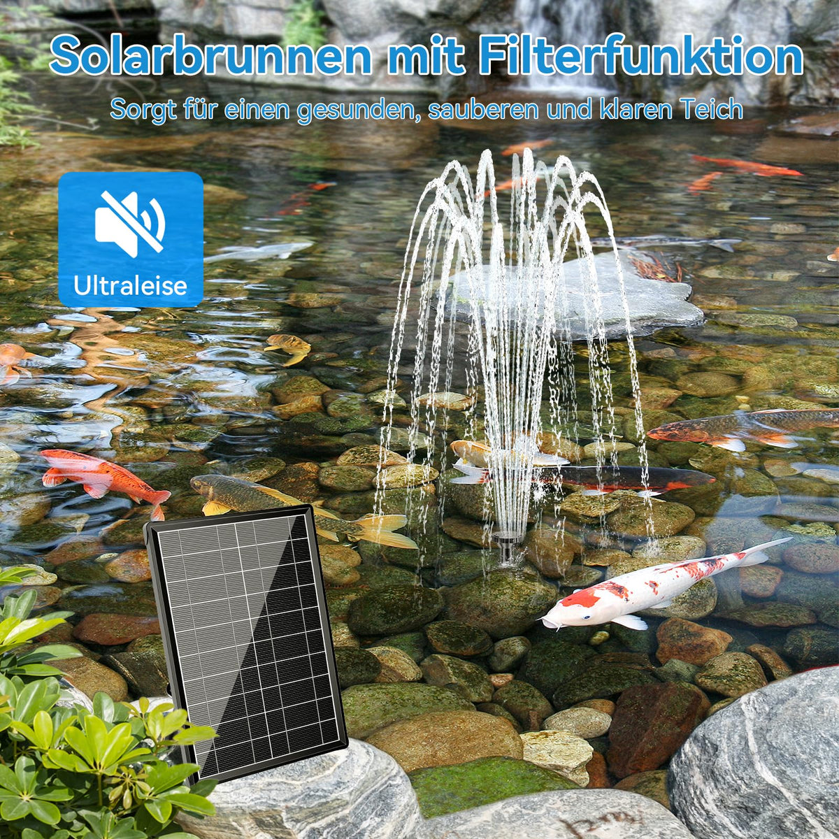 8W Solar Springbrunnen mit Teichfilter, 3600mAh Batteriebackup