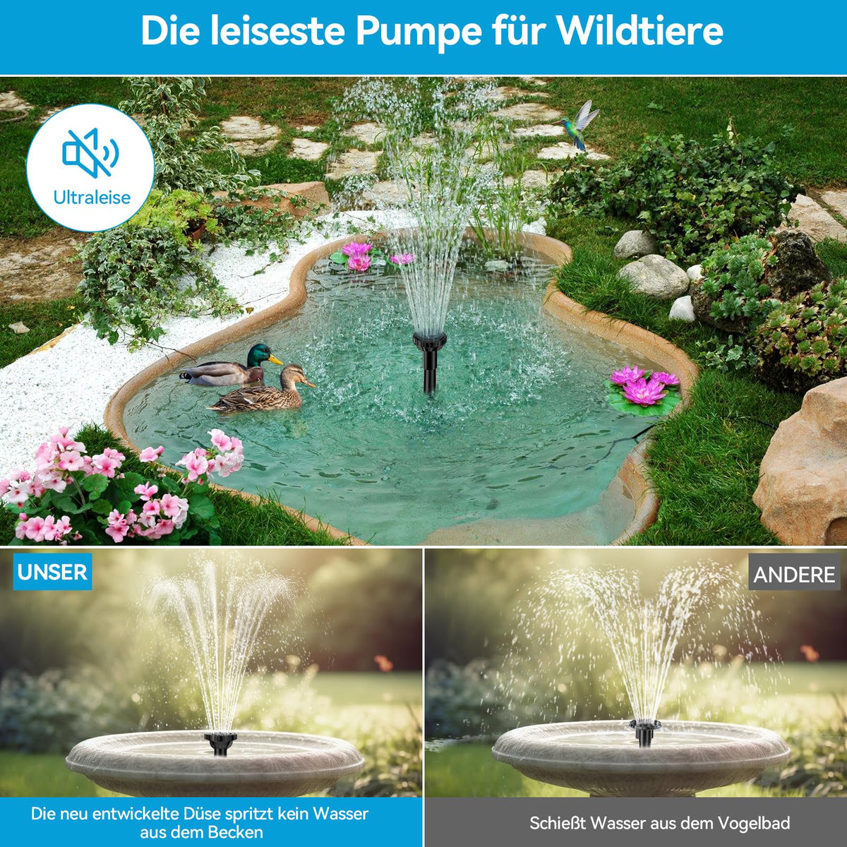8W Solar-Springbrunnenpumpe für Vogeltränken mit und Akku