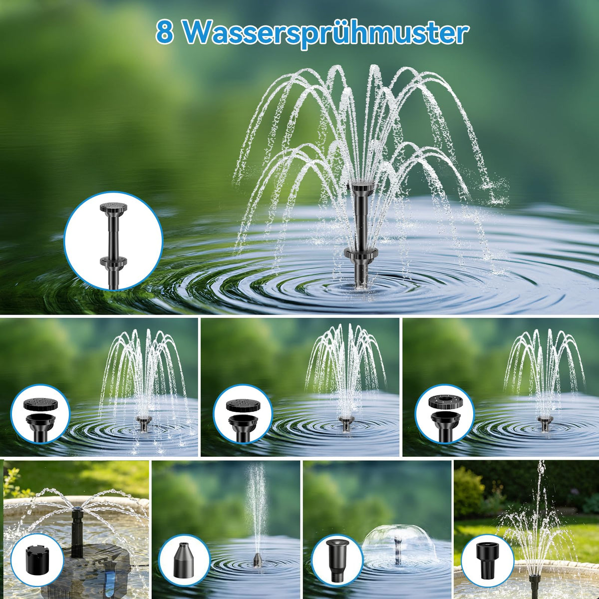 8W Solar Springbrunnen mit Teichfilter, 3600mAh Batteriebackup