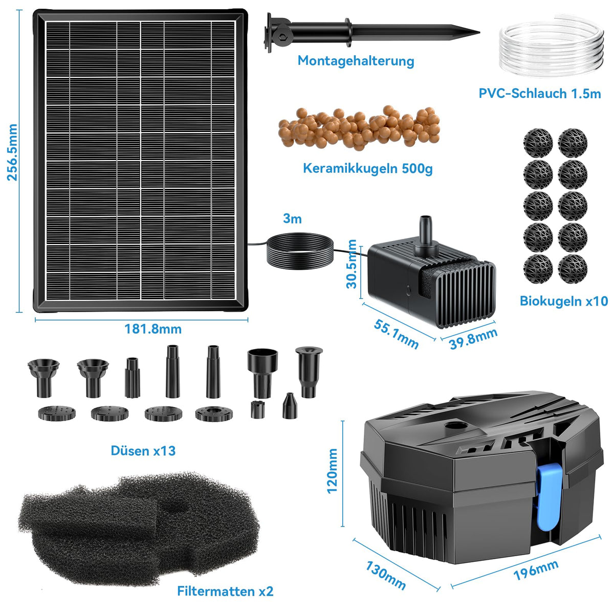 8W Solar Springbrunnen mit Teichfilter, 3600mAh Batteriebackup