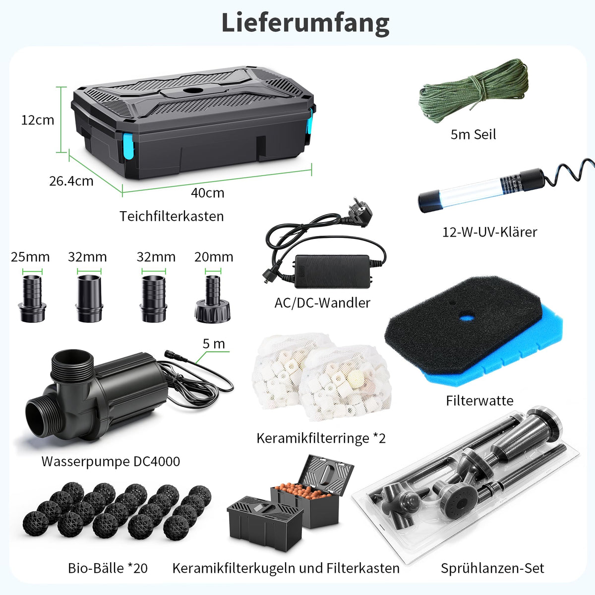Teichfilter 4500 l/h mit 12W UV-Klärer für Außenteiche