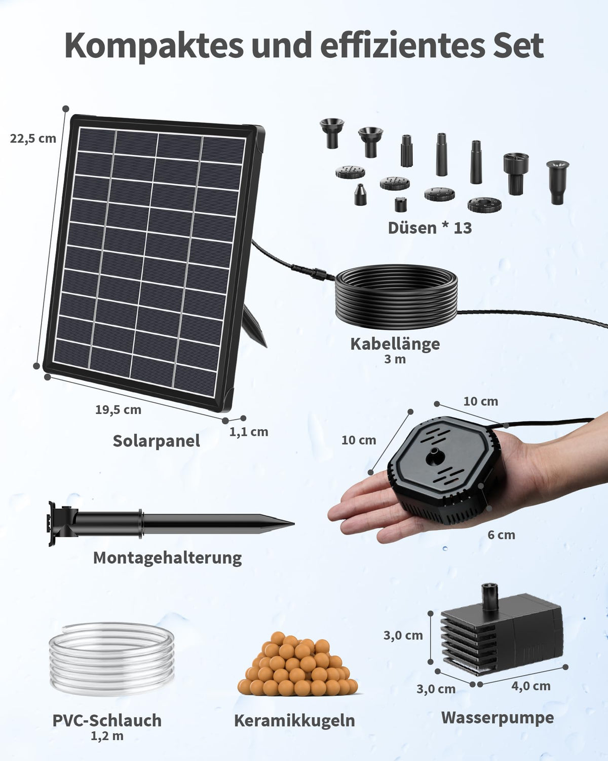 6,5W Solar Springbrunnen mit Teichfilter und Akku