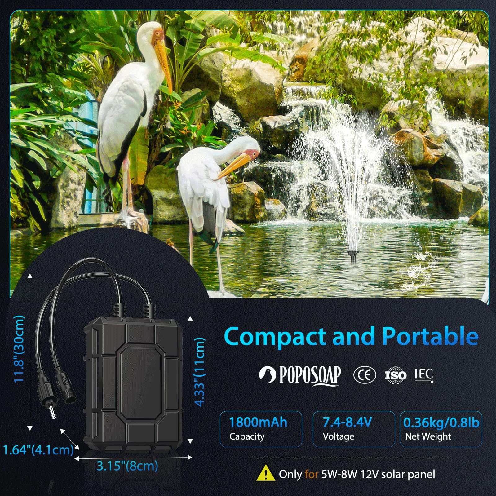 1800 mAh Batterie-Backup für 6 W/6,5 W/8 W Solar-Springbrunnenpumpe 