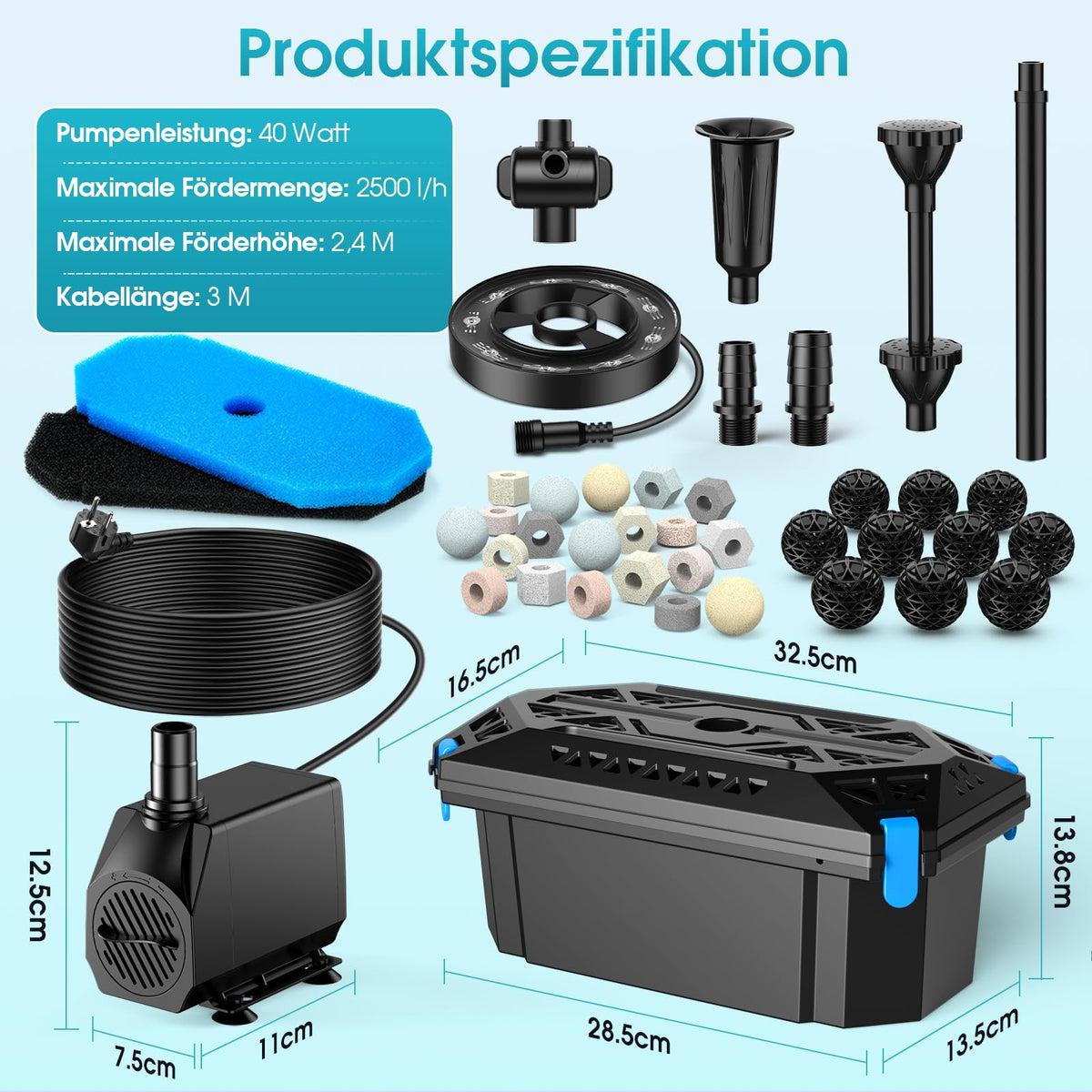 RGB Teichbrunnen- und Teichfilter-Set 2500 l/h (kabelgebunden)