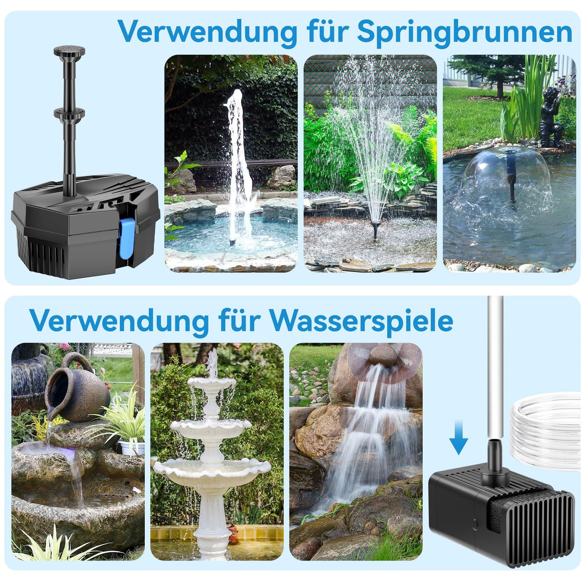 8W Solar Springbrunnen mit Teichfilter, 3600mAh Batteriebackup