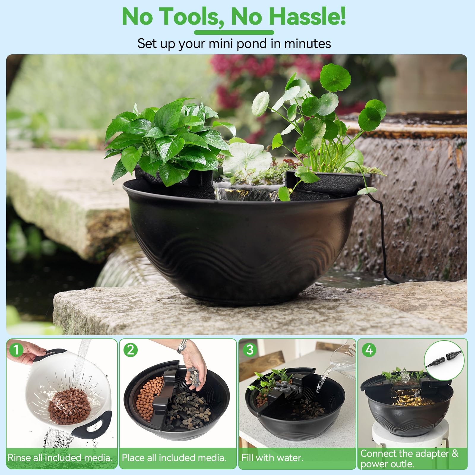 Mini-Wassergarten-Teich-Set mit Wasserfall und LED-Beleuchtung