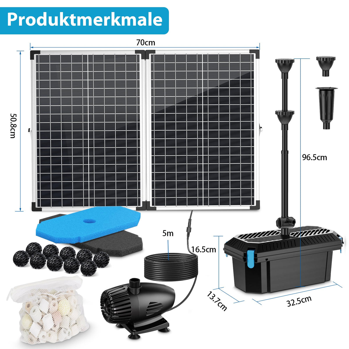 70W Solar-Teichfilter mit Springbrunnen, 2500 l/h