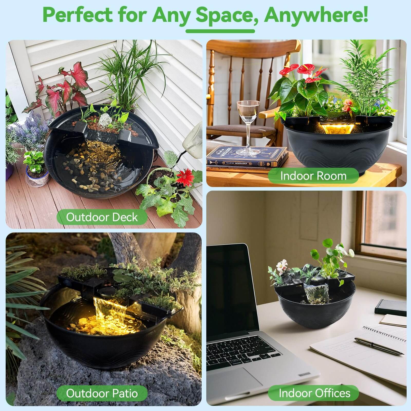 Mini Water Garden Pond Kit with Waterfall & LED Lighting