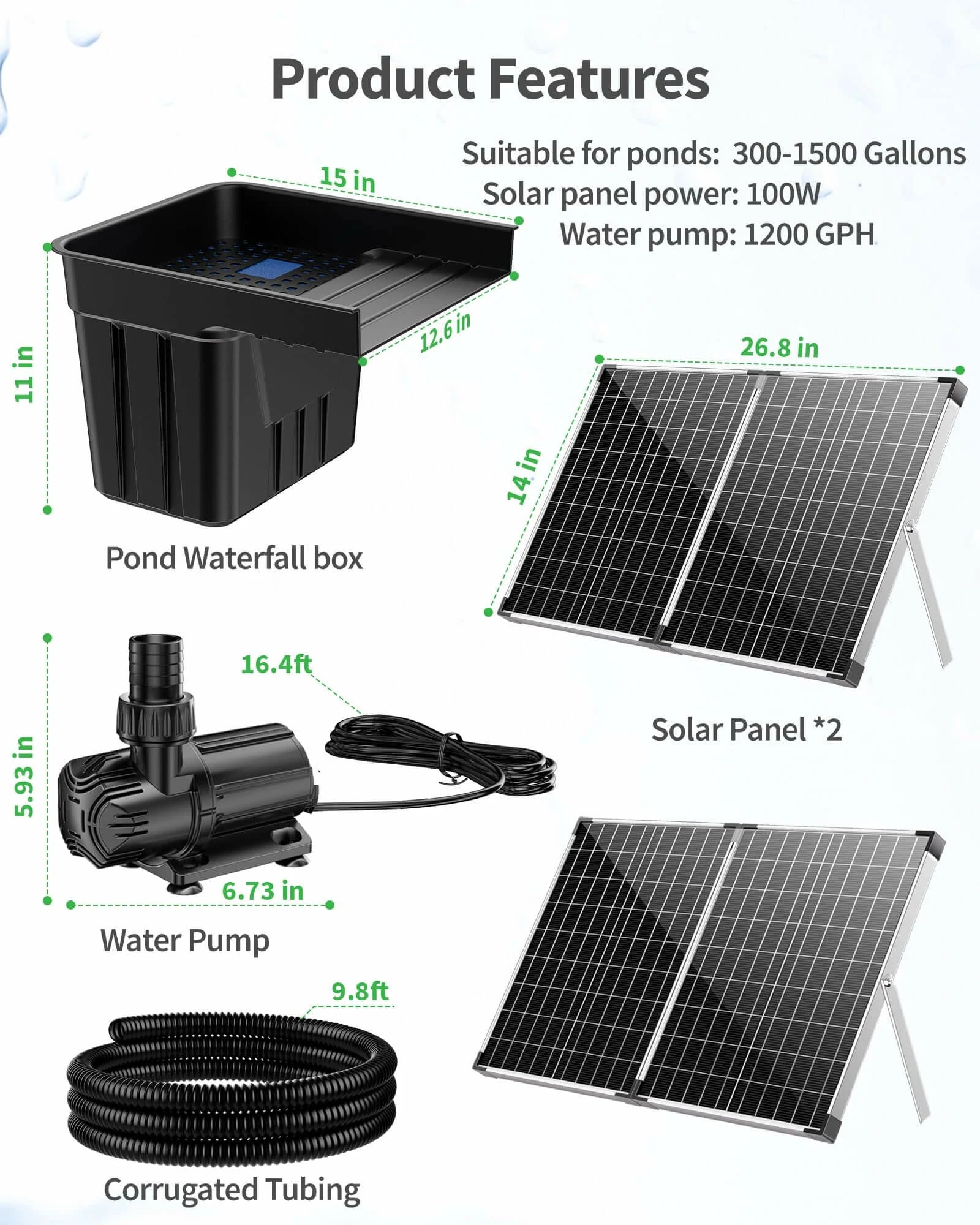 P510X 100W 1200GPH Solar Waterfall Pump with 12.6"x15" Spillway