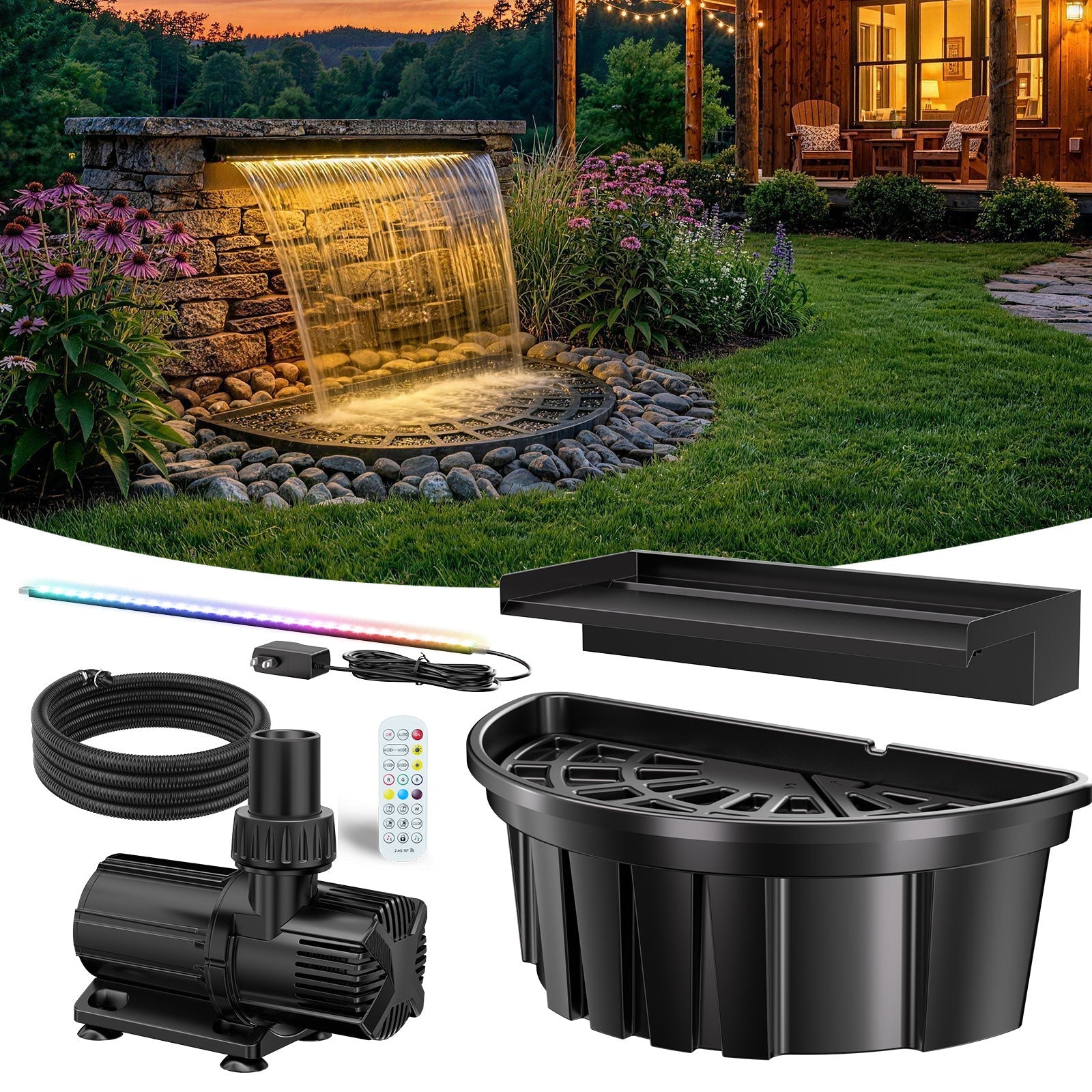 The kit components: a black spillway, concealed basin, pump, tubing, LED strip, remote and connectors.
