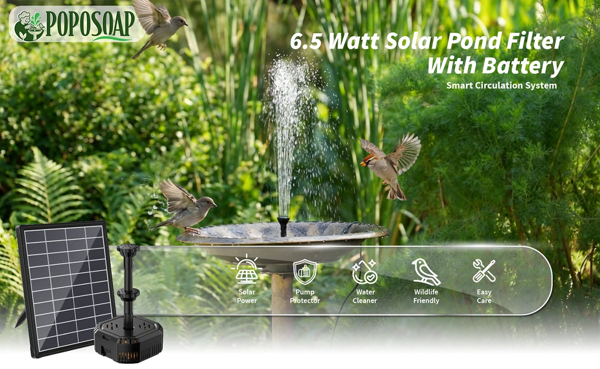 POPOSOAP Solar Vogeltränke-Springbrunnen läuft in einem Wasserspiel im Garten