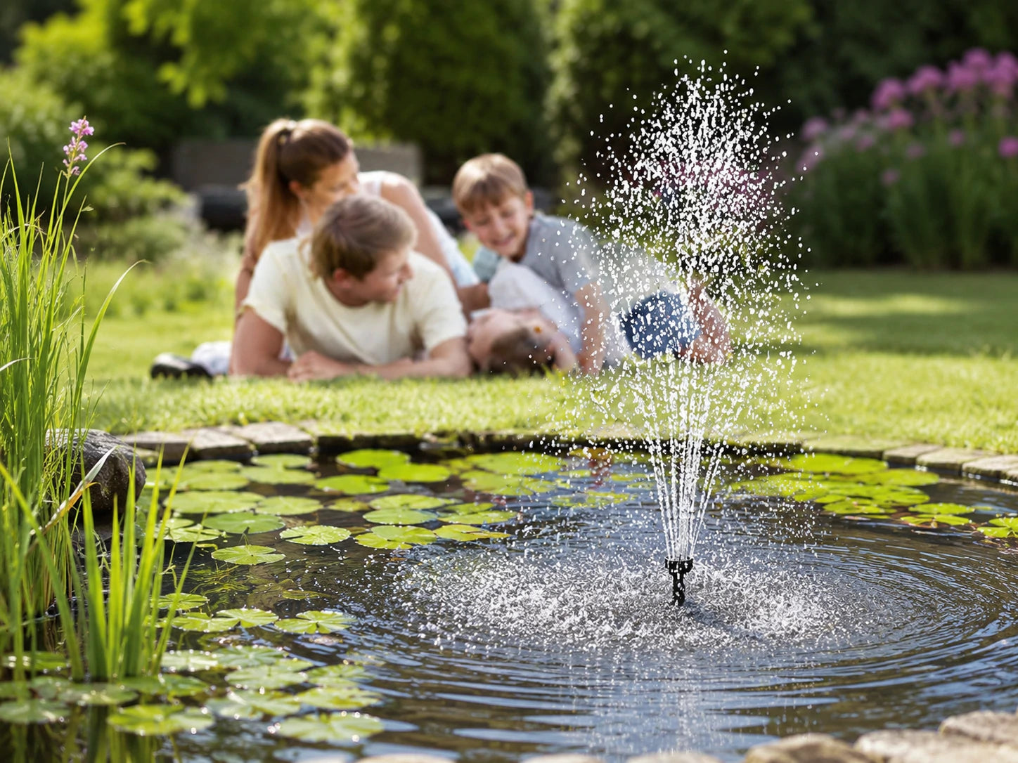 Garden fountain scenario for a solar water fountain kit