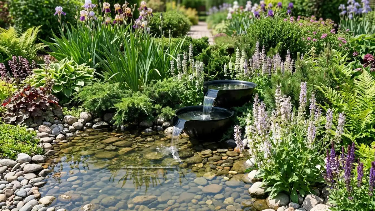 Zweistufiger Überlaufbrunnen in einem üppigen Gartenteich, klares, kaskadierendes Wasser fließt über gestapelte schwarze Becken, umgeben von Flusssteinen und lilafarbenen Blütensträuchern für eine beruhigende Gartengestaltung.