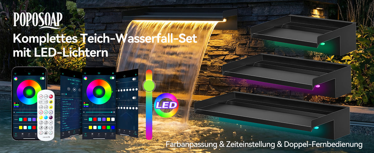 LED-Teich-Wasserfall-Pumpensatz mit RGB-Beleuchtung und intelligenter App-Steuerung
