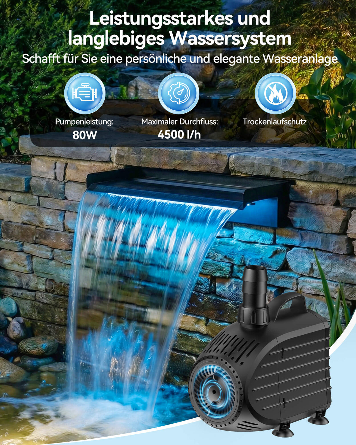 Wasserfallpumpen-Set mit 60-cm-Auslauf und Beleuchtung