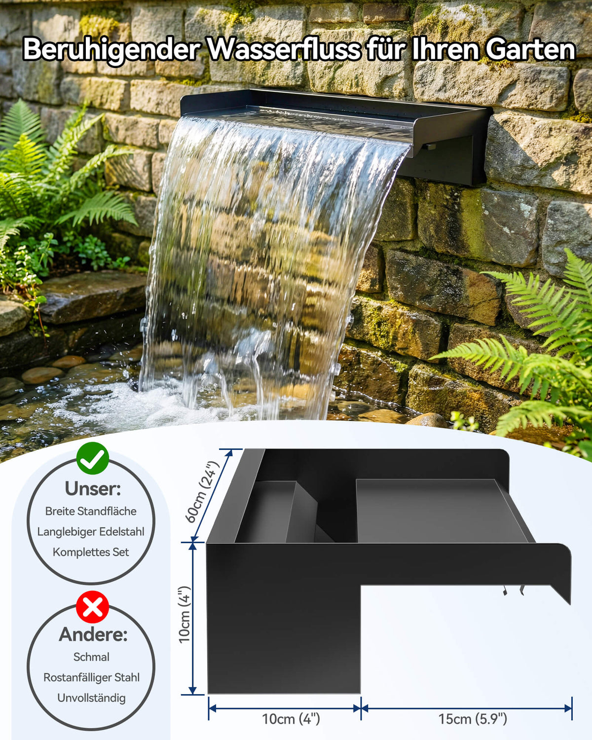 Wasserfallpumpen-Set mit 60-cm-Auslauf und Beleuchtung