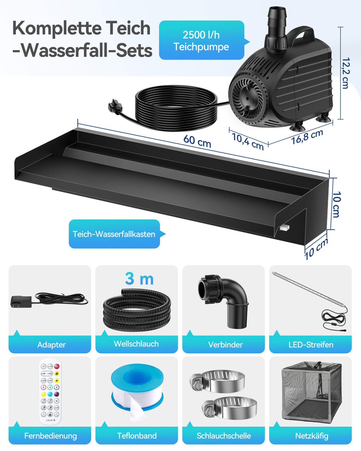 Wasserfallpumpen-Set mit 60-cm-Auslauf und Beleuchtung