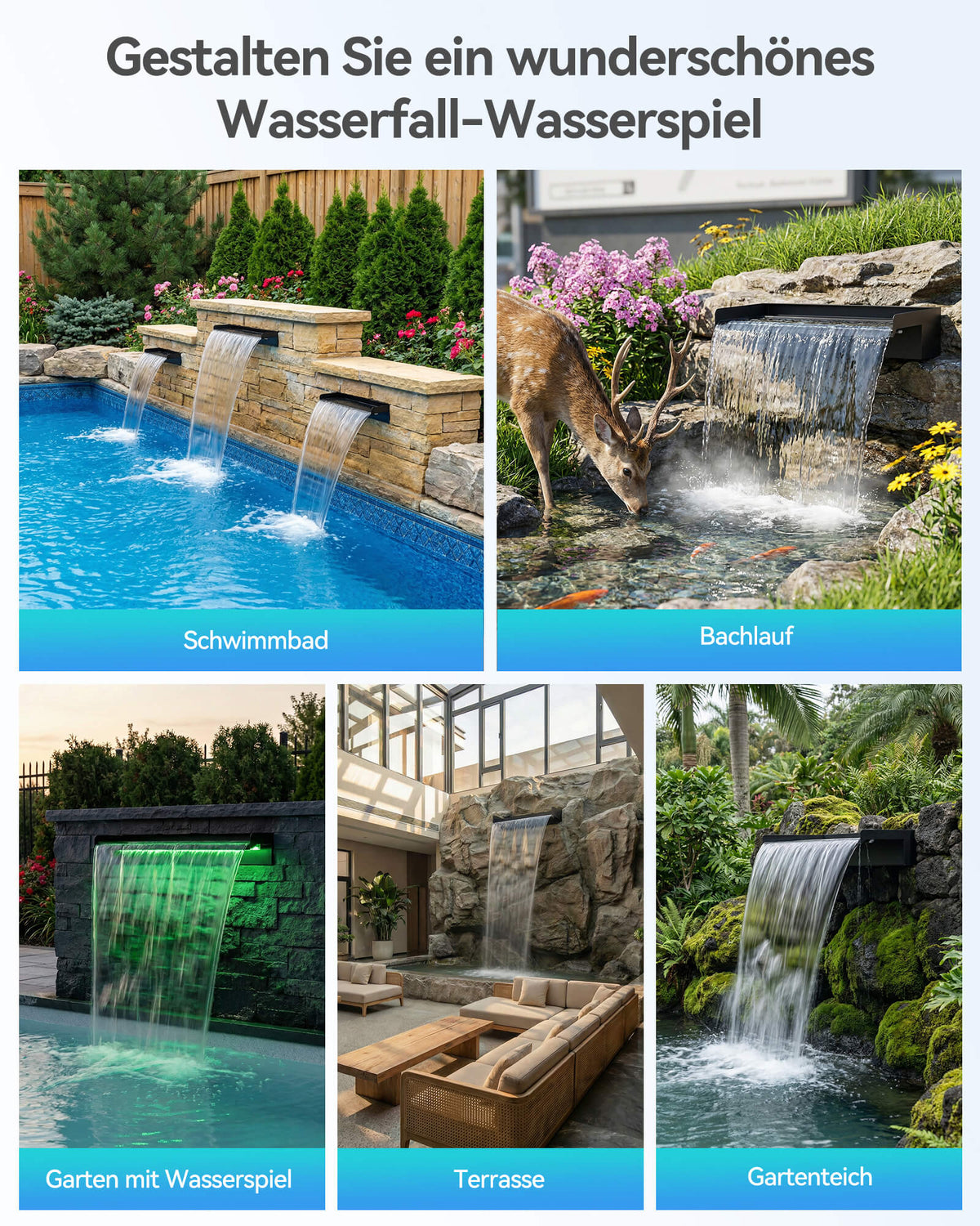 Wasserfallpumpen-Set mit 60-cm-Auslauf und Beleuchtung