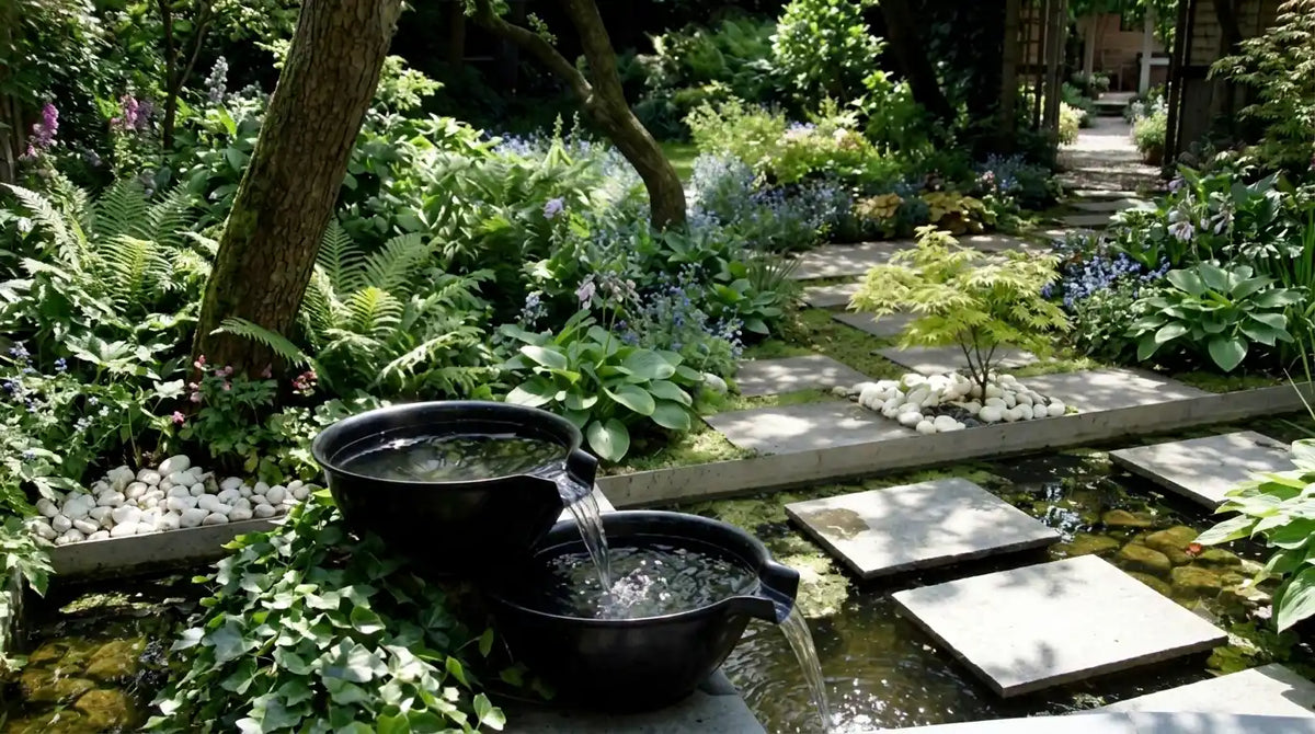 Die gestufte Brunnenwanne erzeugt sanft kaskadierende Ströme in einem ruhigen Innenhofteich, passend zu steinernen Gehwegen und üppigem grünem Gartenlaub.